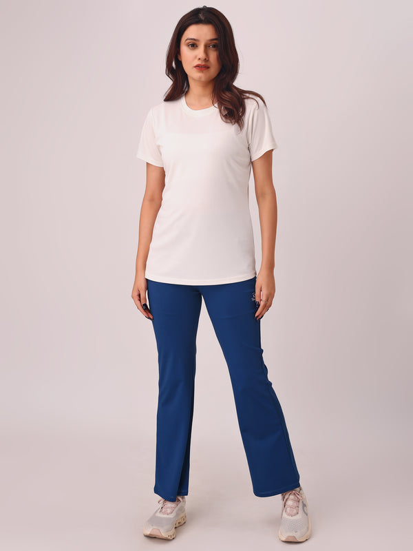 Offwhite Solid Tshirt And Dark Blue Solid Pant Womens Sets