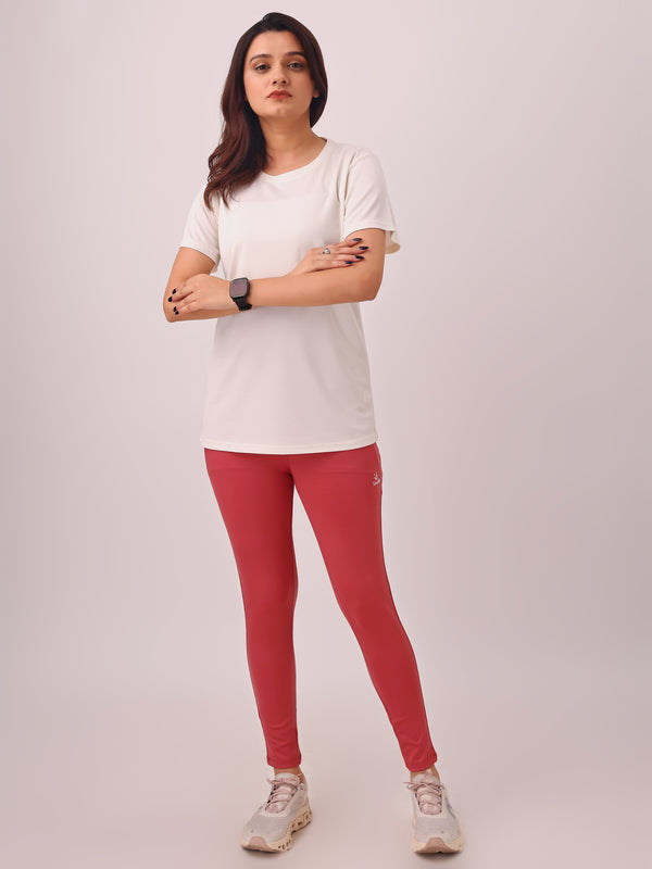 OFFWHITE SOLID TSHIRT AND CARROT RED LEGGINGS WOMENS SET