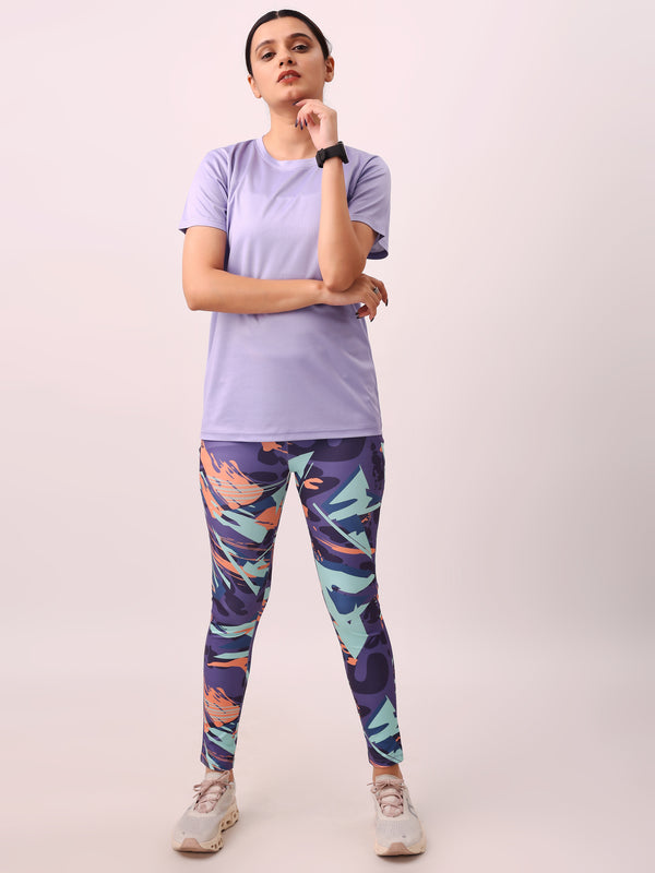 Lavender Solid Tshirt And Purple AOP Leggings Womens Set