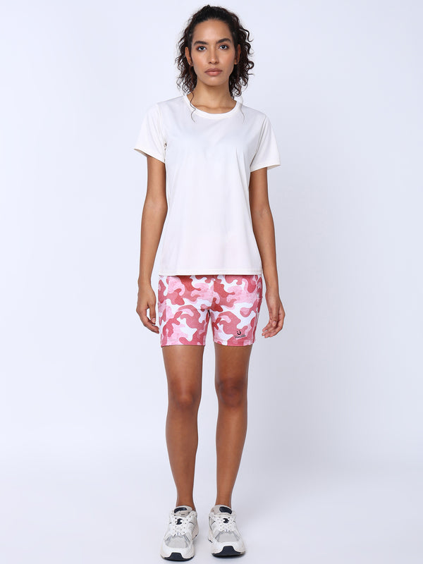 Womens Solid Off-White Tshirt And Rosy Camo Cycling Shorts Set
