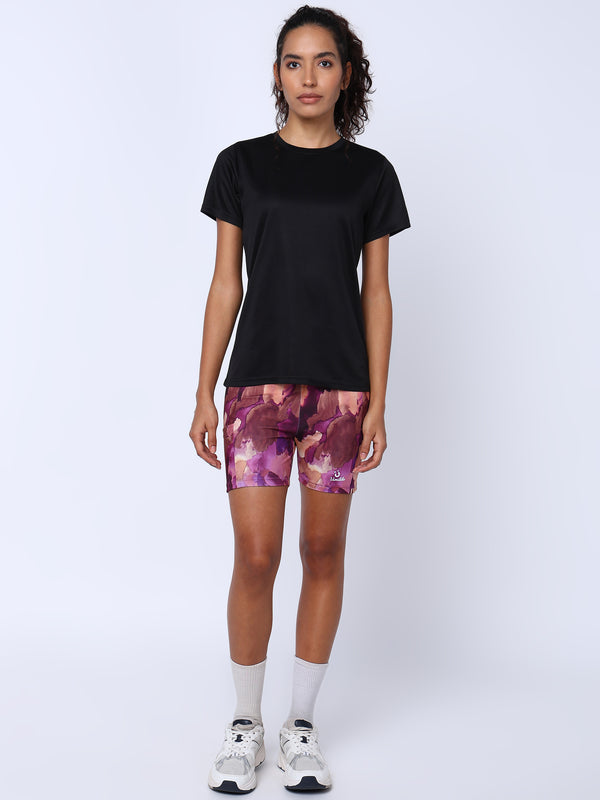 Womens Solid Black Tshirt And Twilight Bloom Cycling Shorts Set