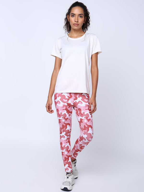Womens Solid Off-White Tshirt And Rosy Camo Leggings Set