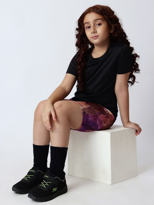 Girls Black Tshrit And Maroon AOP Cycling Shorts Set