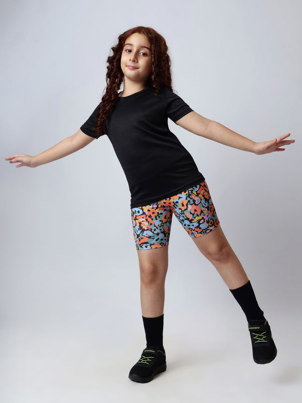 Girls Black Tshirt And Funky Floral Cycling Shorts Set