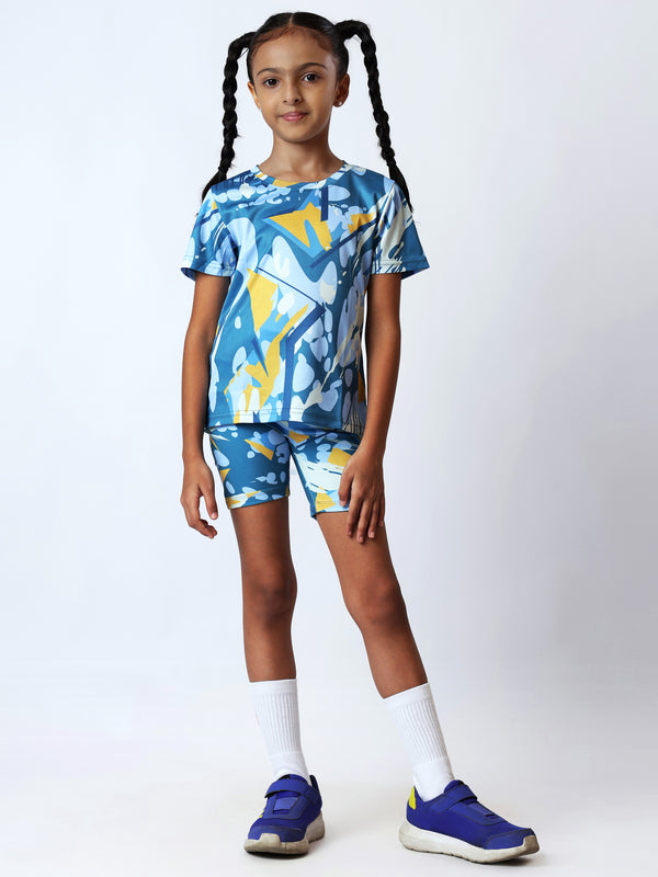 Girls Blue Yellow AOP Cycling Shorts Set