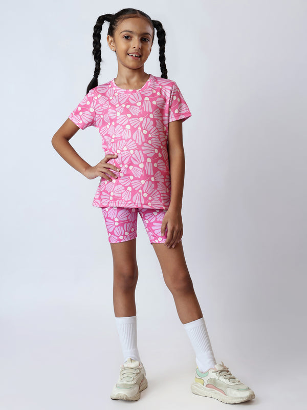 Girls Pink Flower AOP Cycling Shorts Set