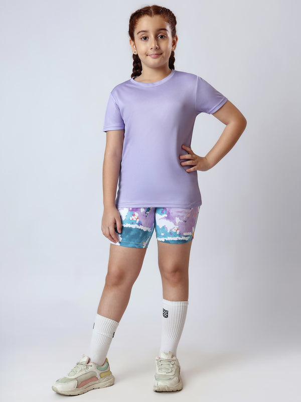 Girls Solid Lavender Tshirt And Inkpop Blue Cycling Shorts Set