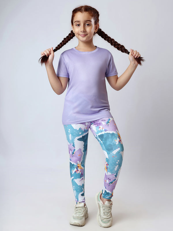 Girl Solid Lavender Tshirt And Inkpop Blue Leggings Set