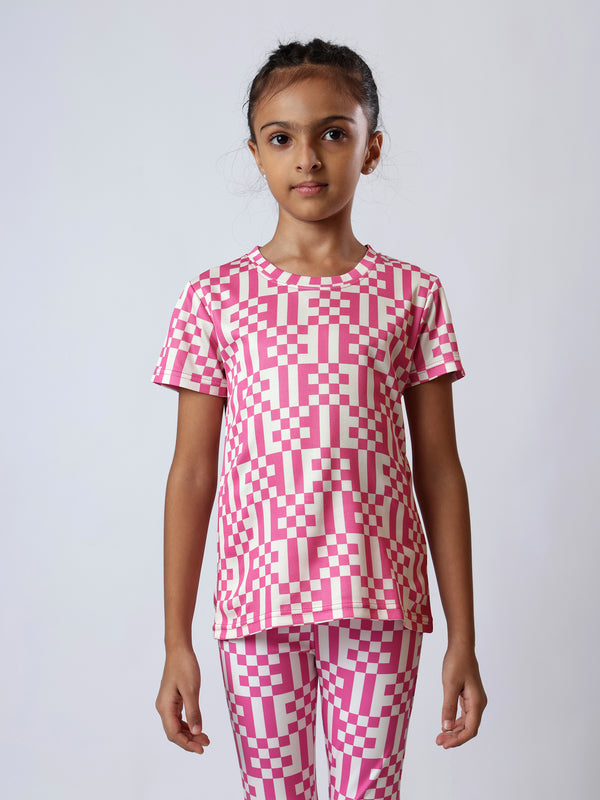 Girls Pink Pixel Checks Tshirt