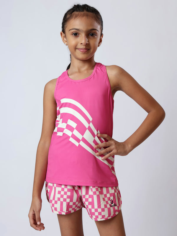 Girls Pink Pixel Checks Tanks Set