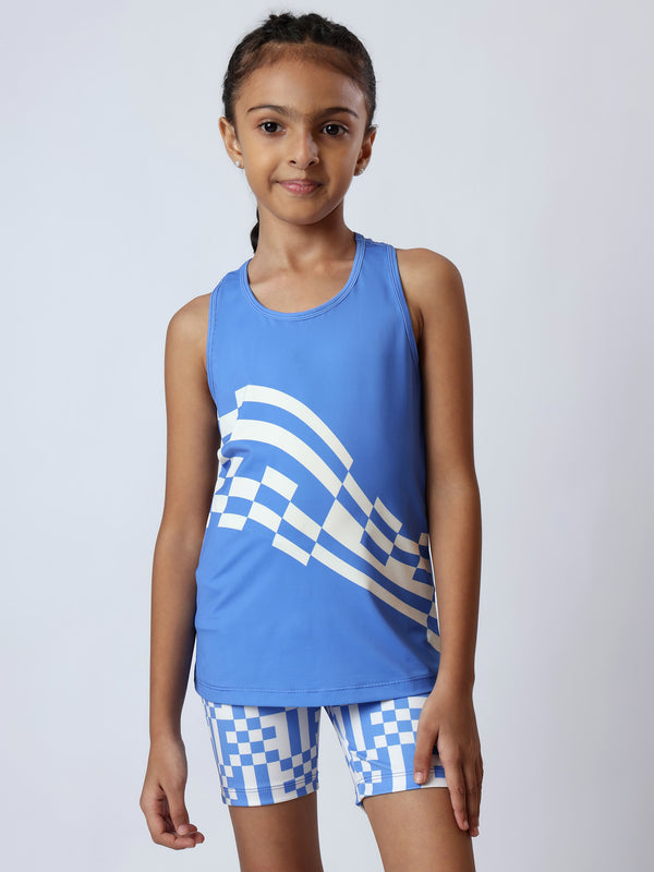 Girls Blue Pixel Checks Tanks