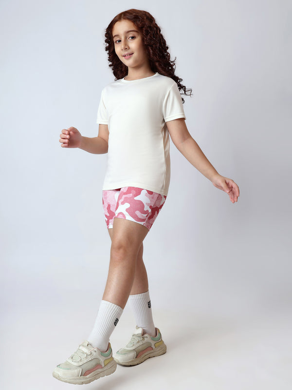Girls Off-White Tshirt And Rosy Camo Cycling Shorts Set