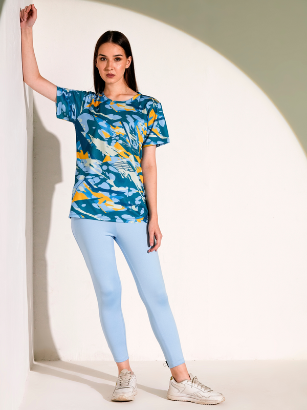 Blue Yellow AOP Tshirt And Solid Skublue Legging Womens Set