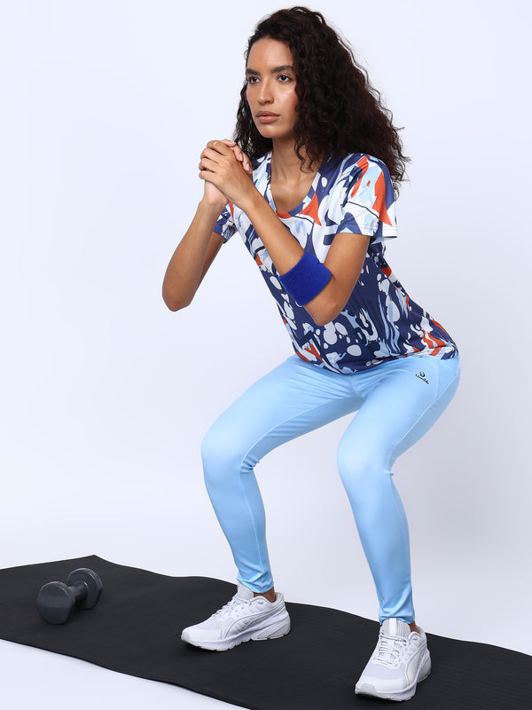 Womens Bloddy Blue AOP Tshirt And Skyblue Leggings Set