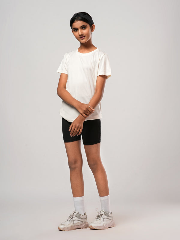 Off white Solid T-shirts And Black Solid Cycling Girls Shorts