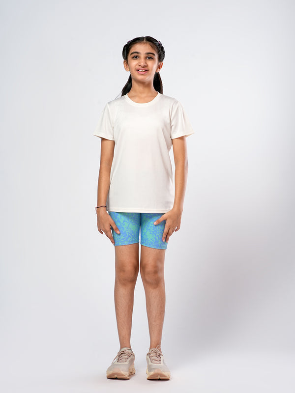 Off white Solid T-shirts And Blue AOP Cycling Girls Shorts