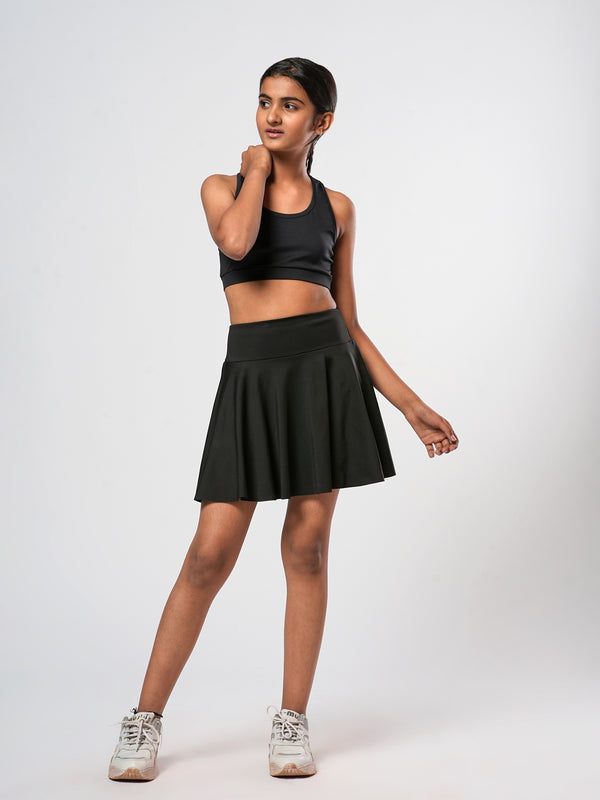 Girls Black Sports Bra And Skorts Set