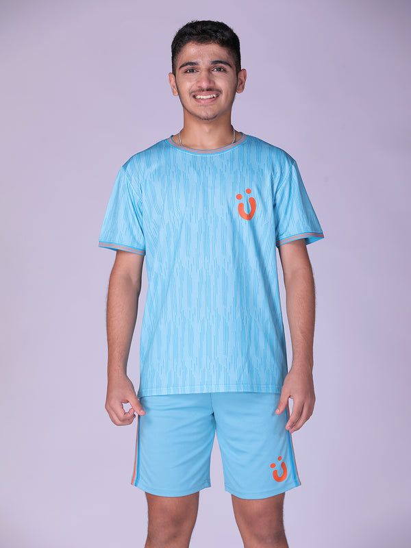 BLUE AOP W ORANGE LOGO JERSEY