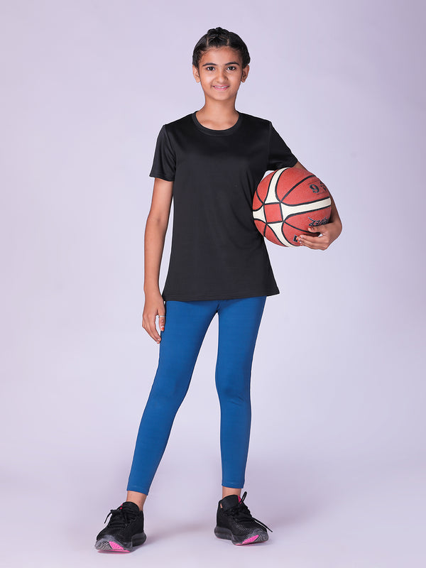 Black Solid T-shirts And Blue Solid Leggings Girls Set