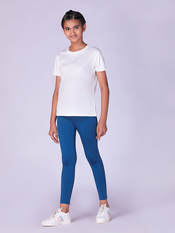 Offwhite Solid Tshirts And Blue Solid Leggings Girls Set