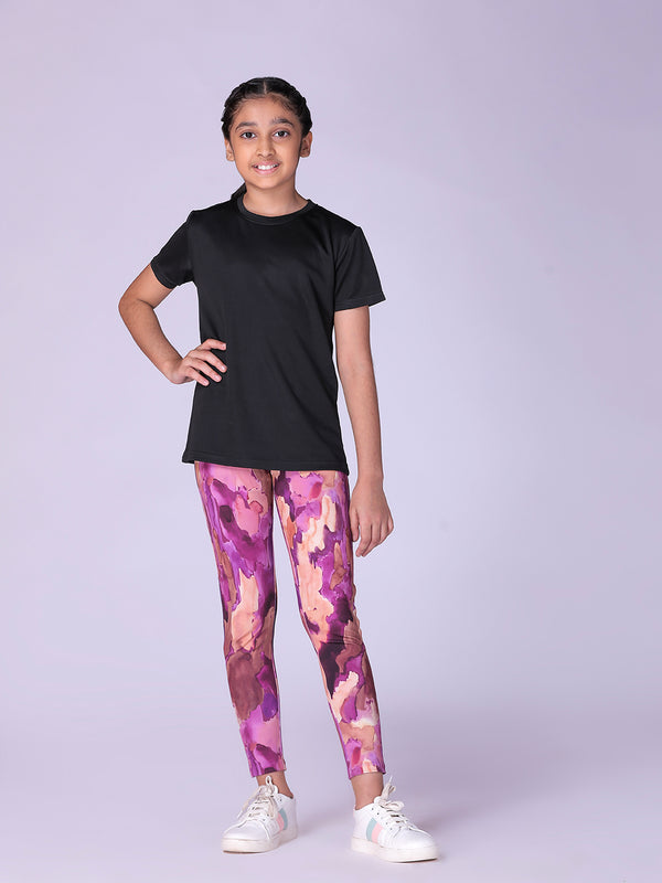 Black Solid T-shirts And Maroon AOP Girls Leggings