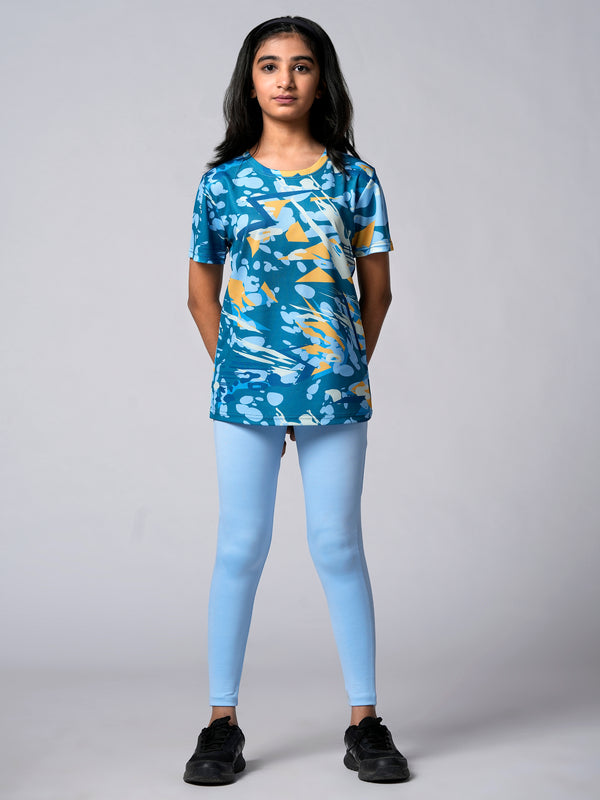 Blue Yellow AOP T-shirts And Solid Skublue Leggings Girls Set