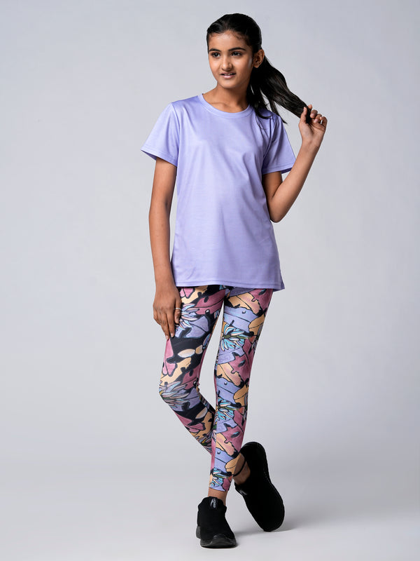 Lavender Solid T-shirts And Black Banana Print Leggings Girls Set