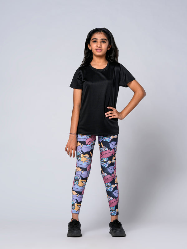 Black Solid Tshirts And Black Banana Print Leggings Girls Set