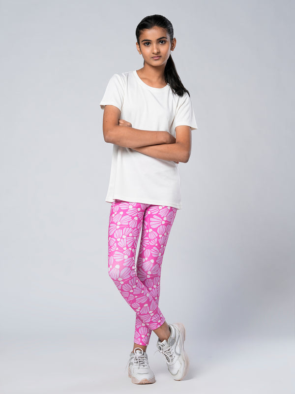 Offwhite Solid T-shirts And Pink Floral Leggings Girls Set