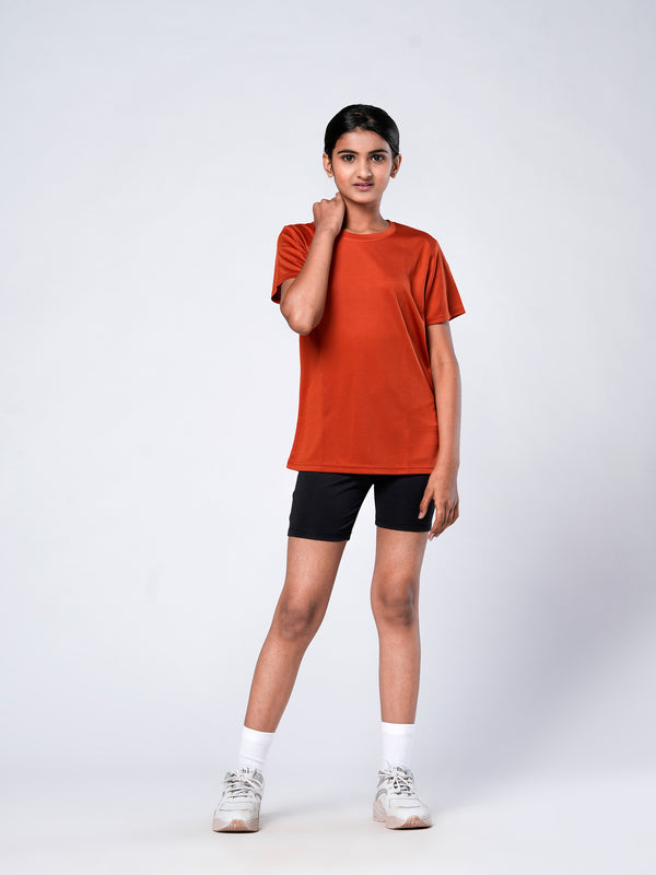 Rust Solid T-shirts And Black Solid Cycling Girls Shorts