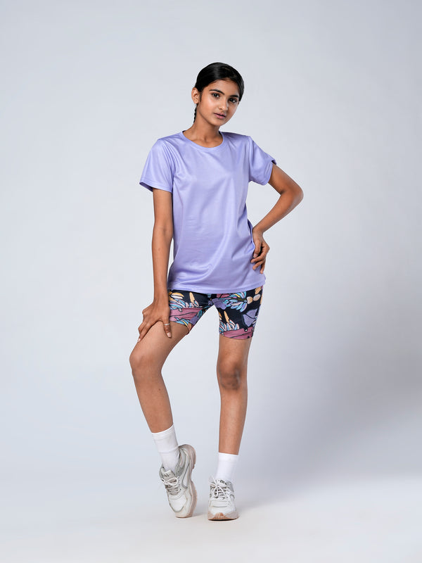 Lavender Solid T-shirts And Black Banana Print Cycling Shorts