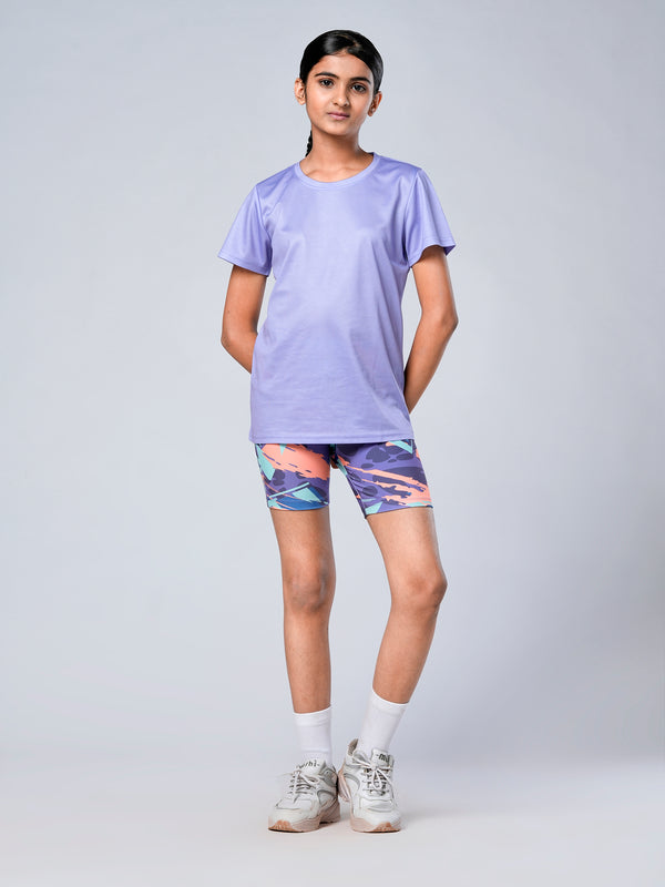 Lavender Solid T-shirts And Purple AOP Cycling Shorts